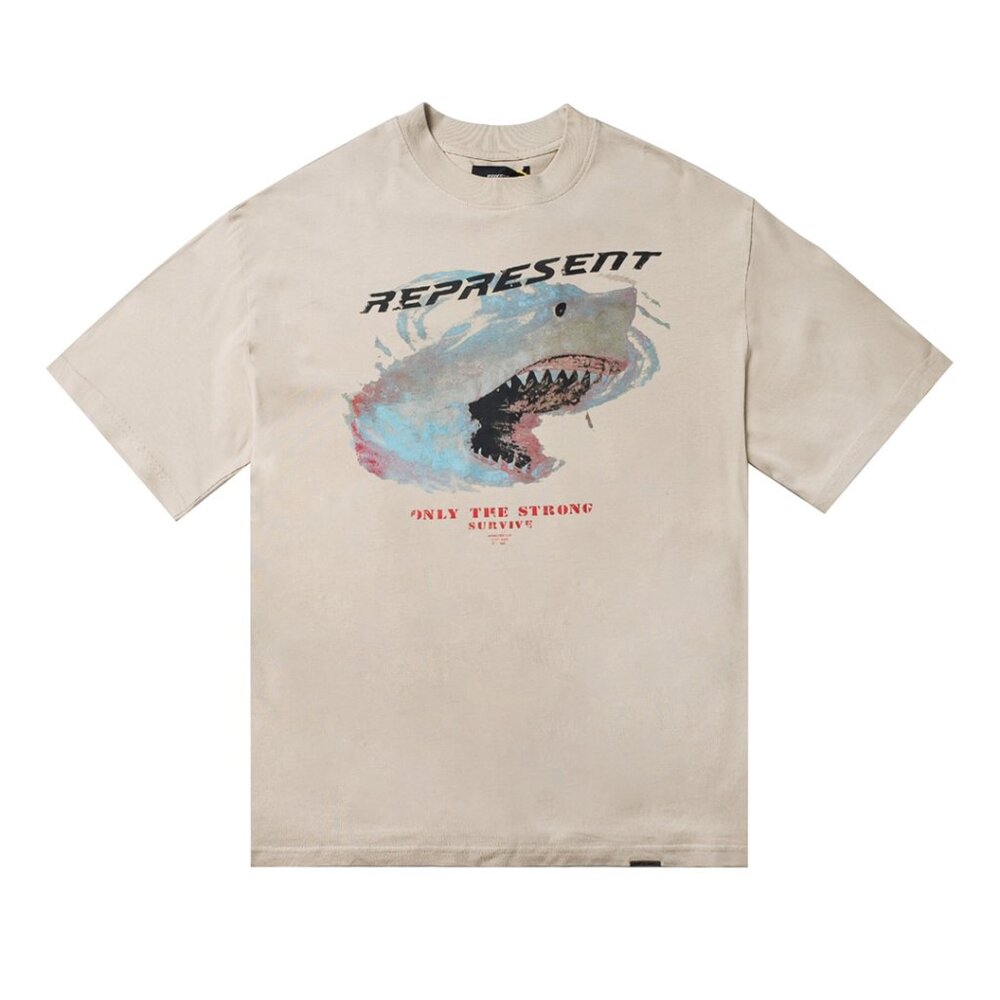 Represent Washed Distressed Shark Round Neck Short Sleeved T Shirt